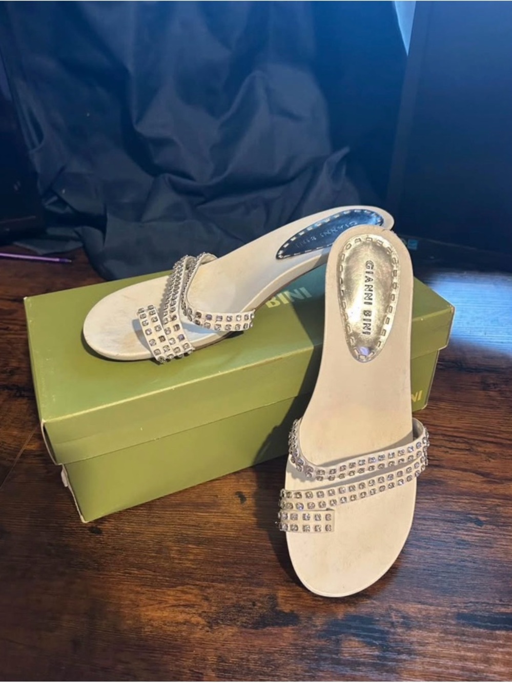 Gianni Bini Nude Rhinestone Double-strap Slide Mules